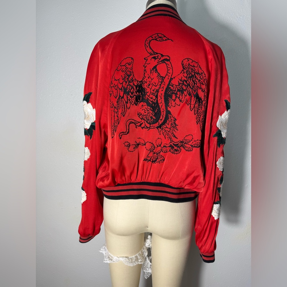 The Kooples Red Bomber Jacket with Embroidered Eagle and White Roses